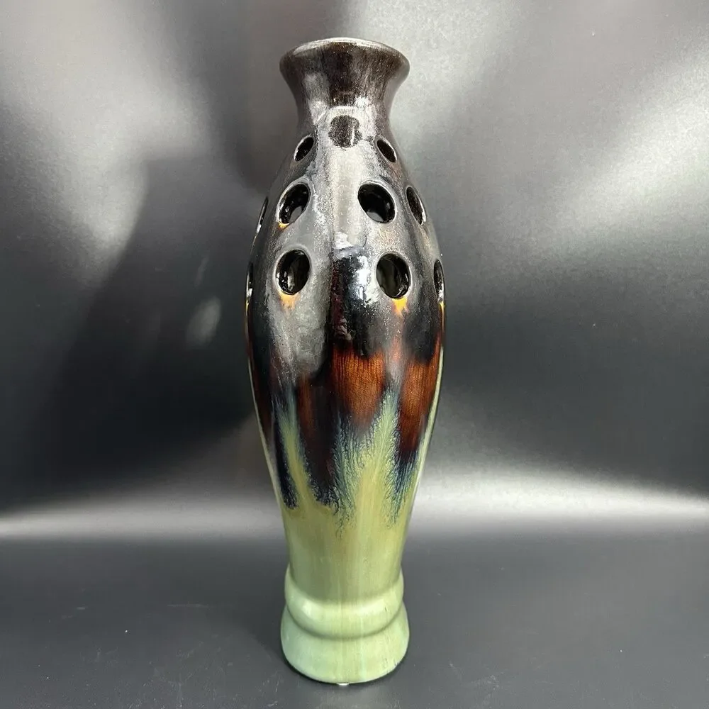 Vintage Sculptural Pierced Ceramic Vase Brutalist Ikebana Scandinavian Decor